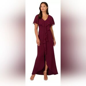 Adrianna Papell Women's Flutter-Sleeve Crepe Ruffled Gown NWOT size 14W Cabernet
